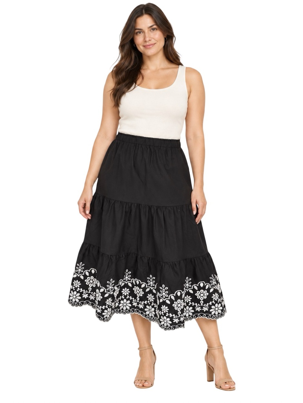 NWT Nanette Lepore Black White Floral Eyelet Midi Skirt Large